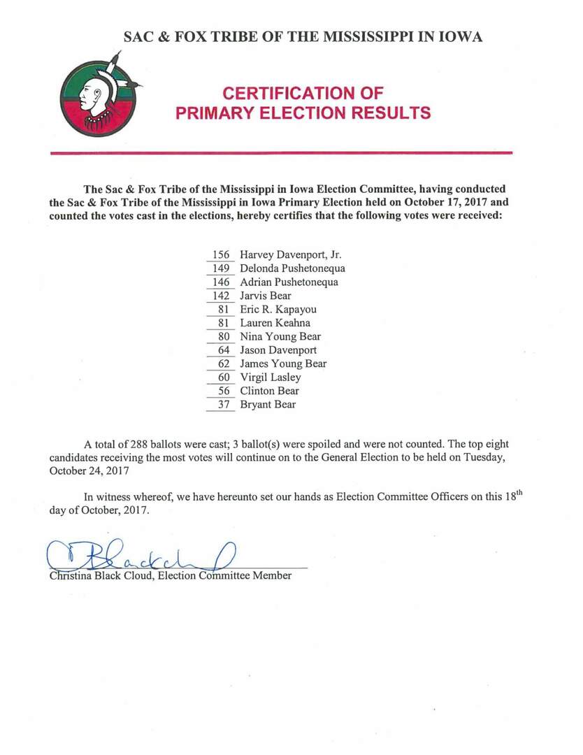 Certification of Election Results Meskwaki Nation