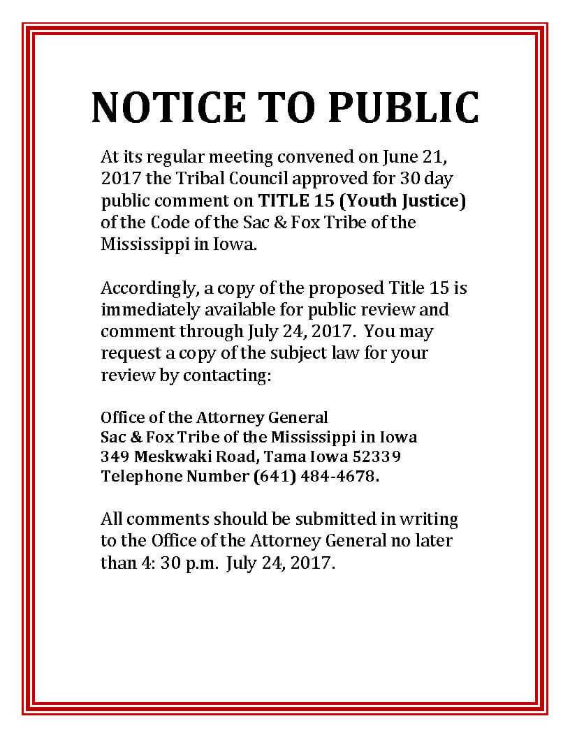 Notice To Public – Title 15 (Youth Justice)