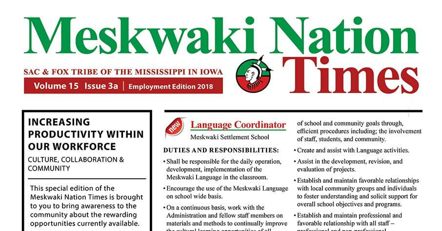 Employment Special Edition of the Meskwaki Nation Times