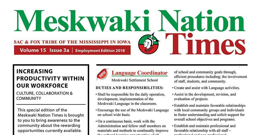 Employment Special Edition of the Meskwaki Nation Times