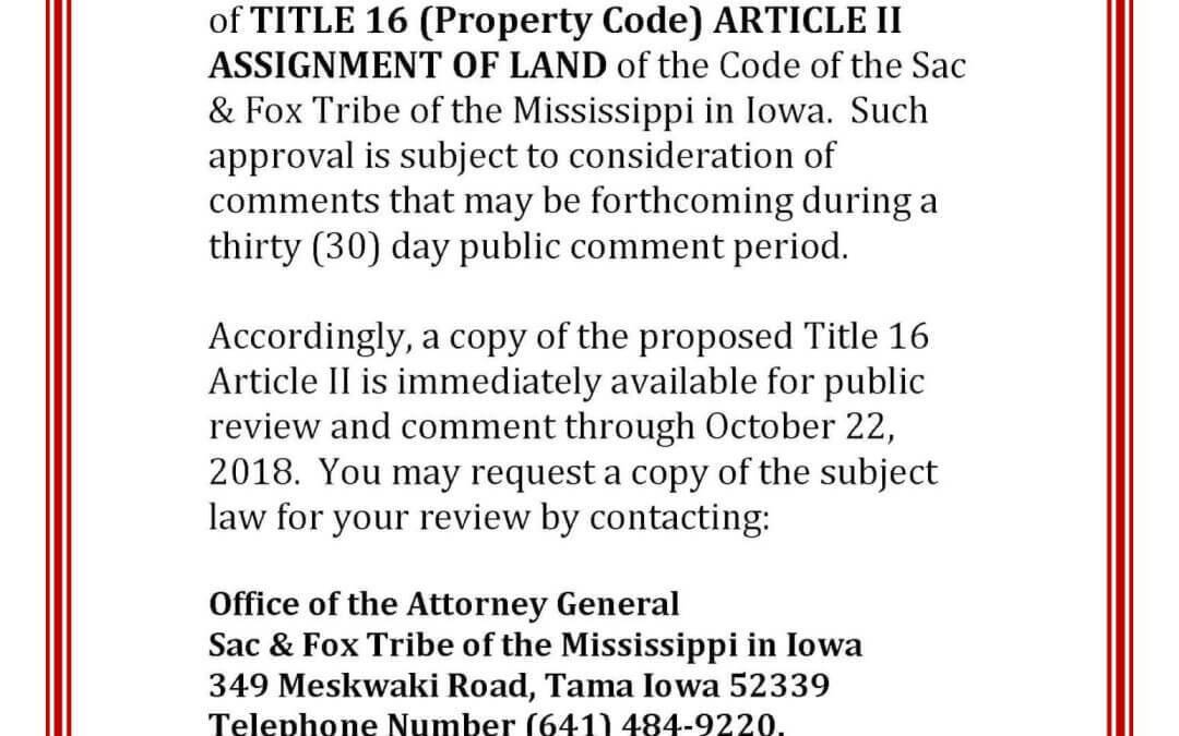 Title 16 Article II: Thirty Day Public Comment Period