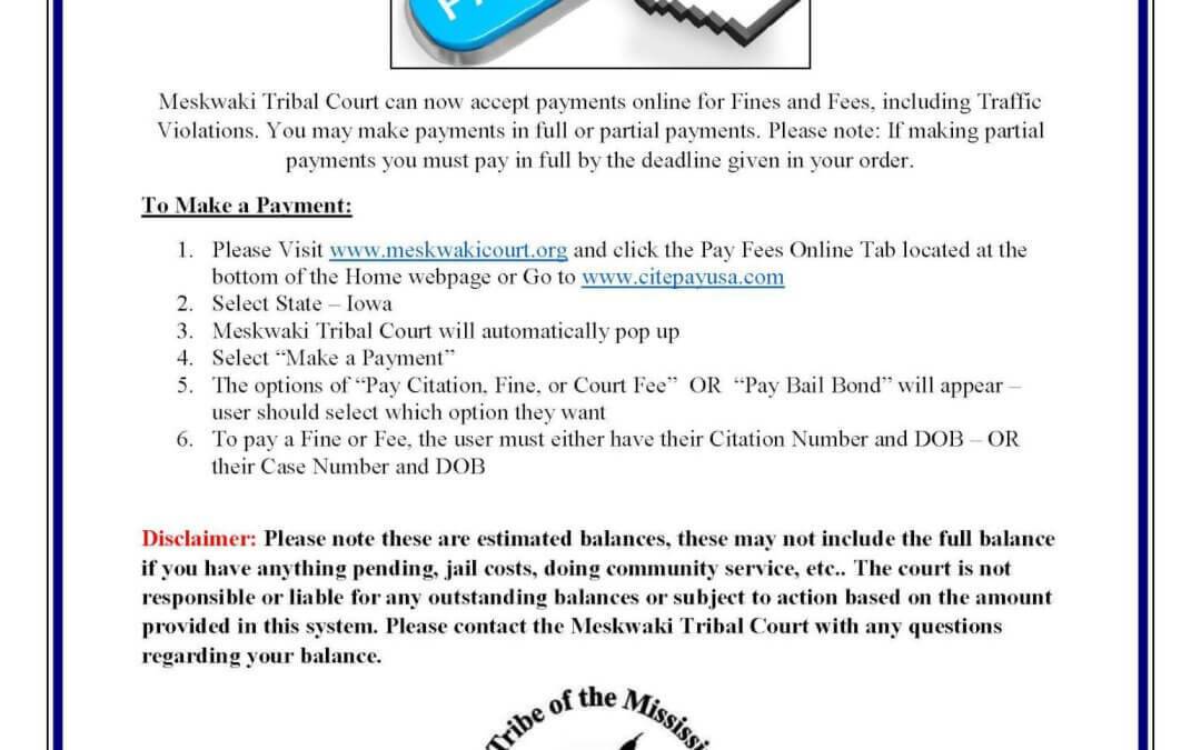 Meskwaki Tribal Court Announcement: Online Payments