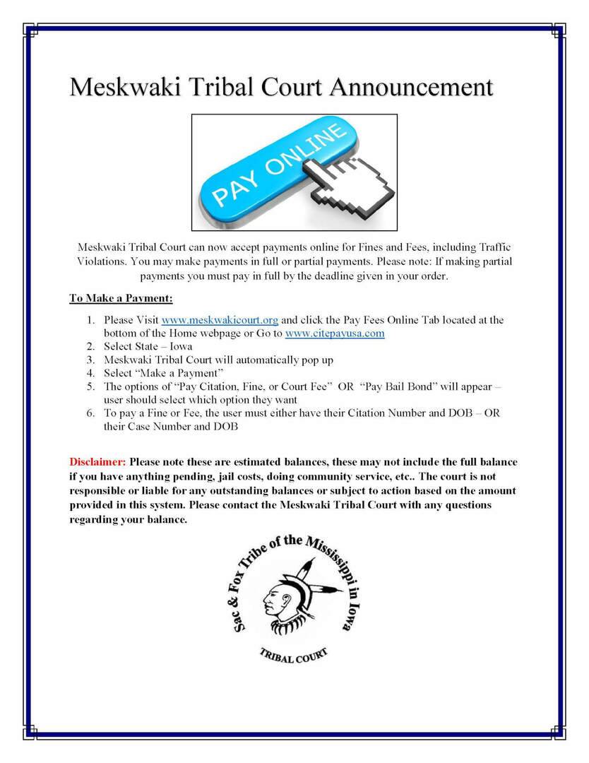 Meskwaki Tribal Court Announcement: Online Payments