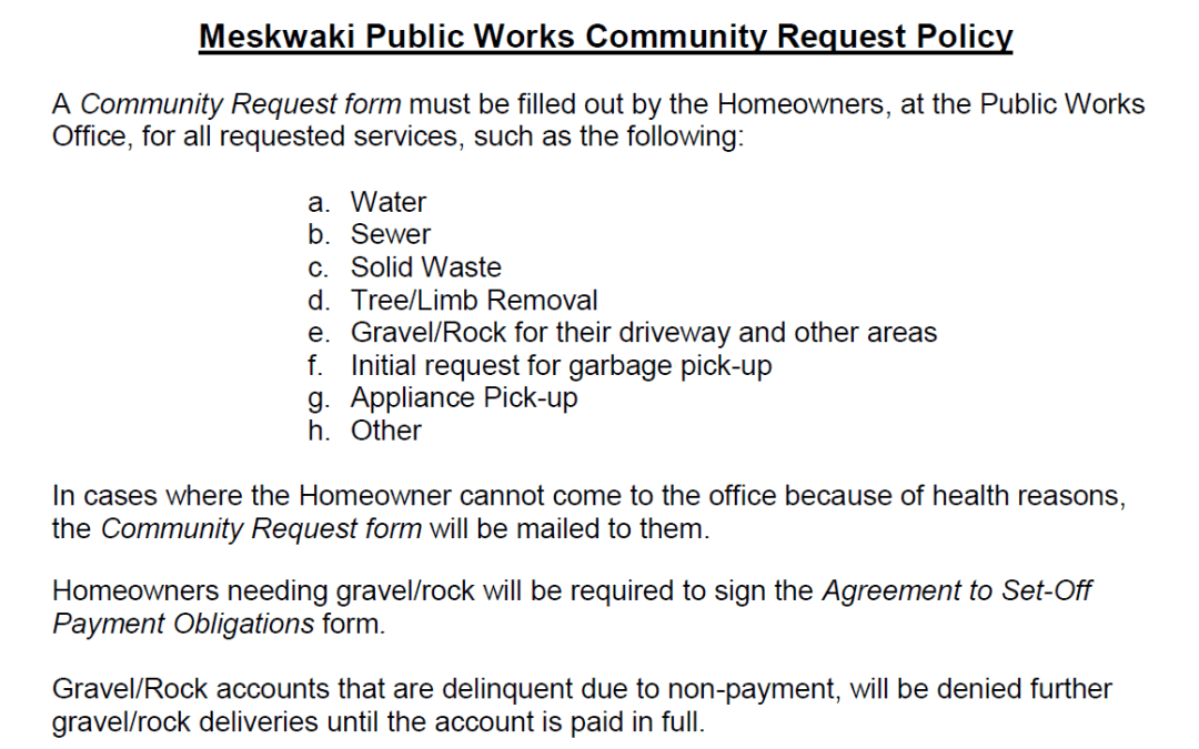 Meskwaki Public Works Community Request Policy