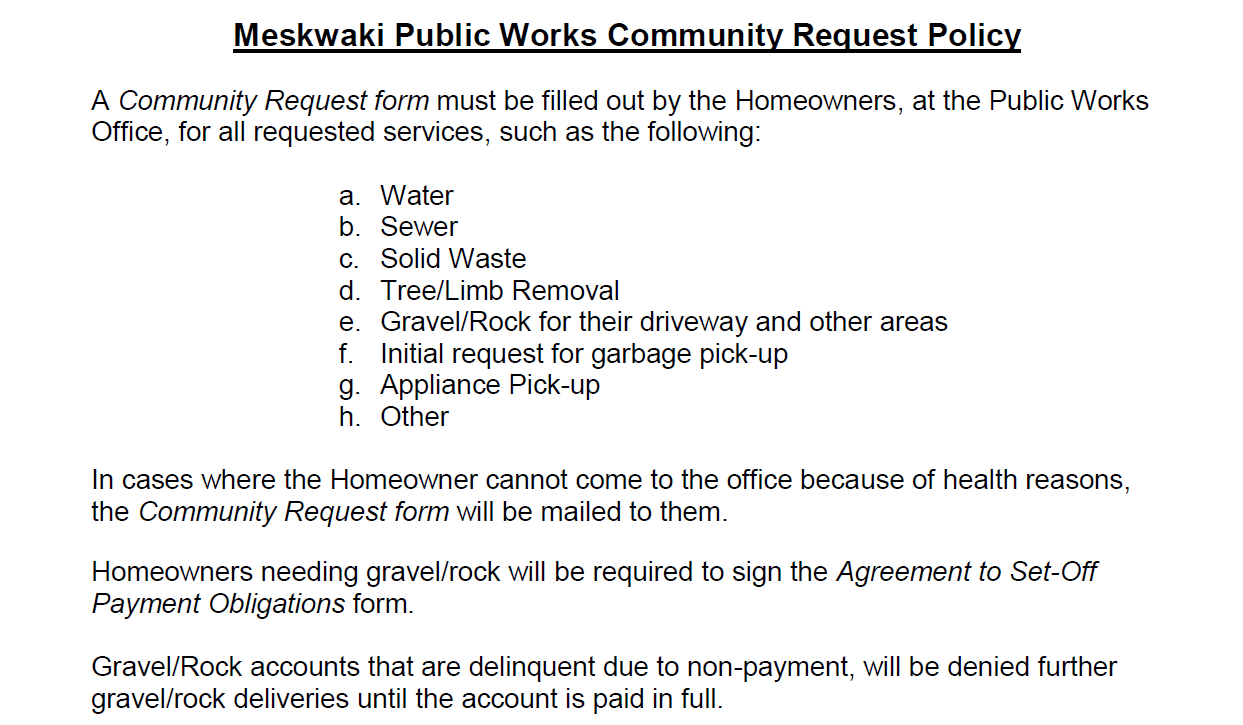 Meskwaki Public Works Community Request Policy