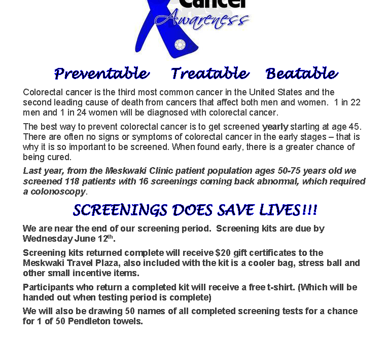 Colon Cancer Screening Kits Due 06/12/19