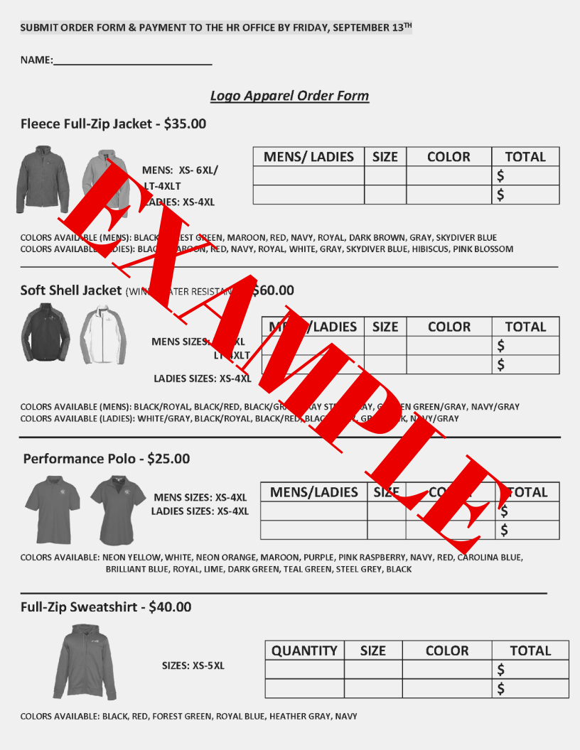 Fall Logo Apparel Order Forms