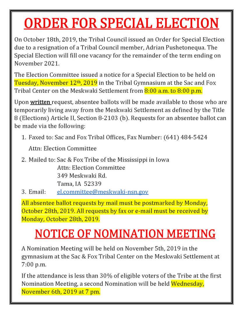 Order for Special Election & Notice of Nomination Meeting