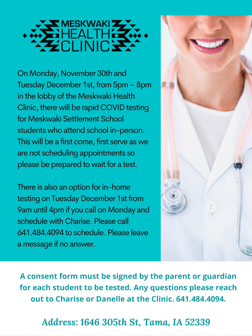 Flyer outlining times for COVID 19 rapid testing for Settlement School in-person students