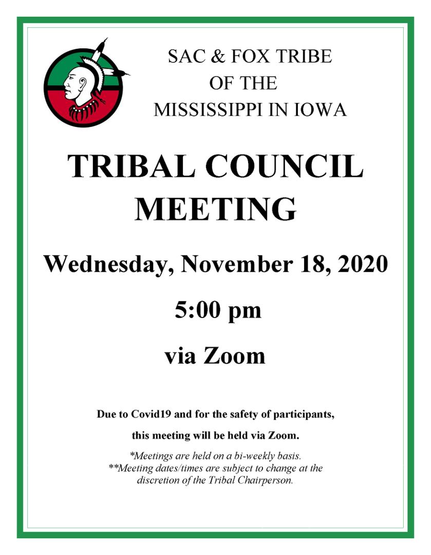 Tribal Council Meeting to be held on Wed., November 18