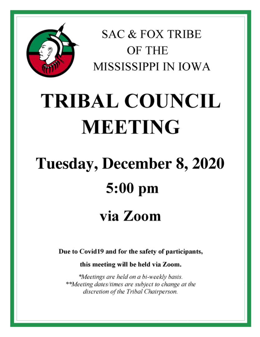 Notification of the December 8, 2020 Tribal Council Meeting