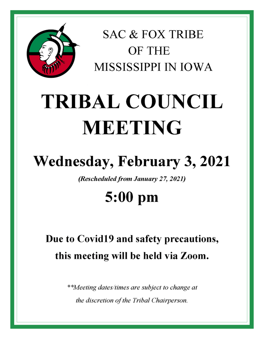 Jan. 27 Tribal Council Meeting Rescheduled