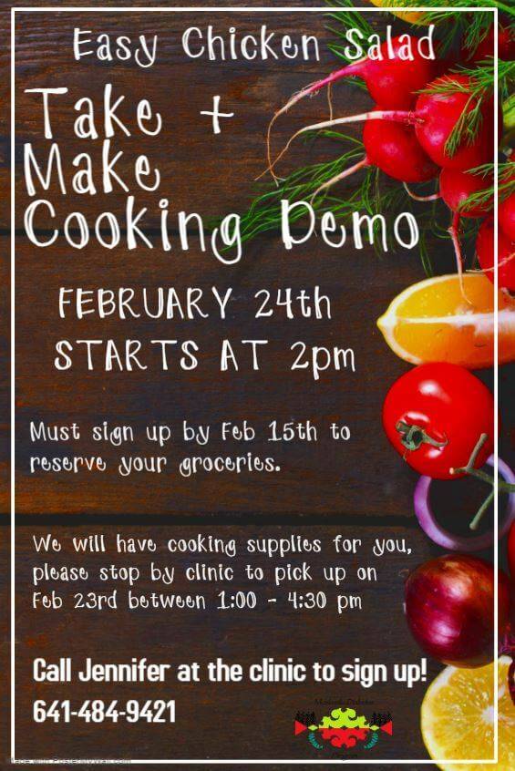 Flyer for a Take + Make Cooking Demo for Easy Chicken Salad