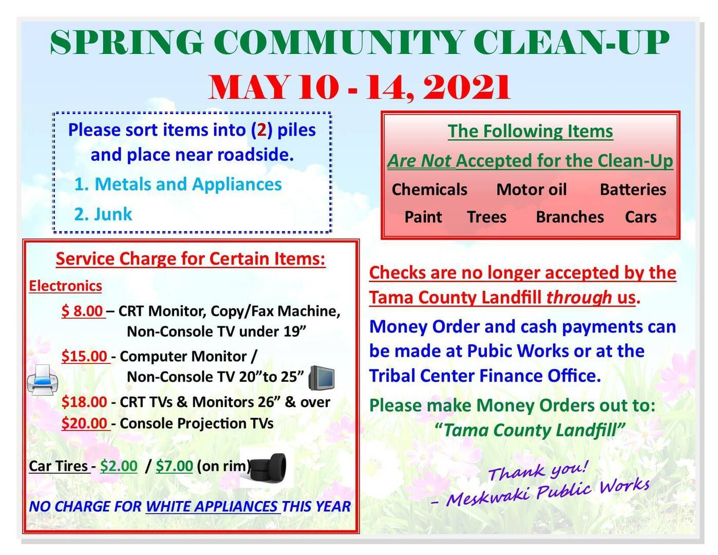 Flyer for Spring Community Cleanup happening May 10 - 14th 2021