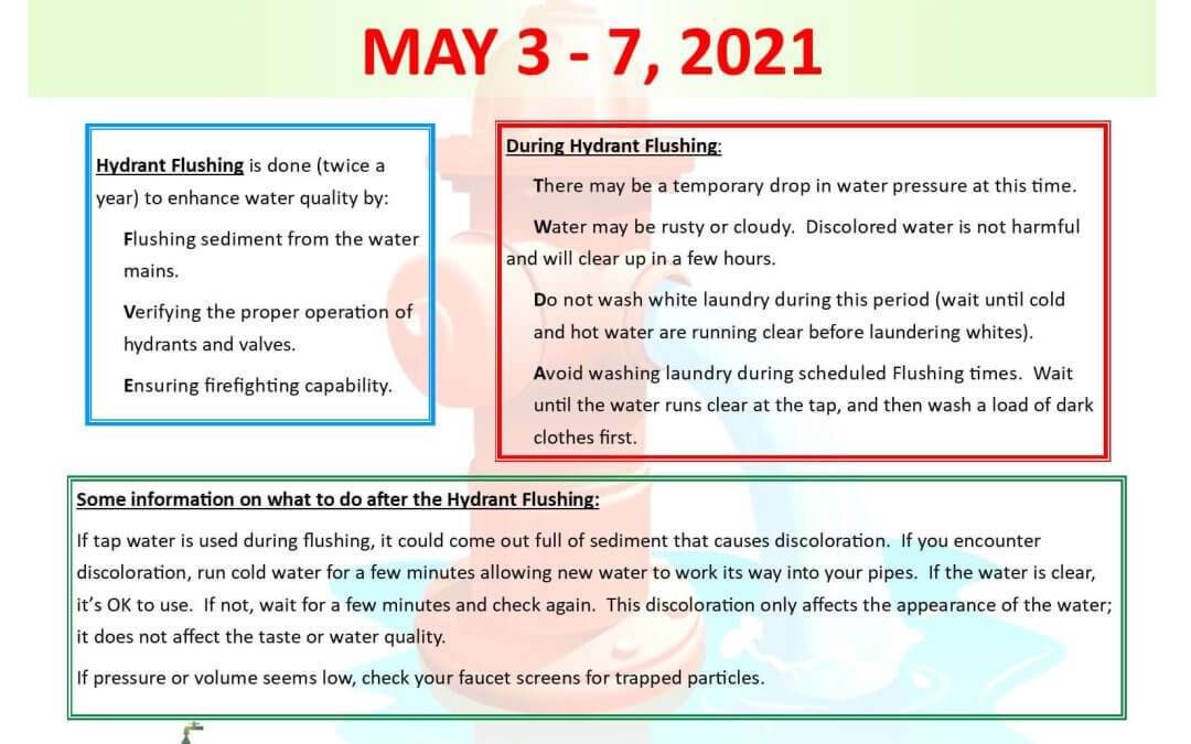 Public Works Hydrant Flushing Week: May 3-7, 2021