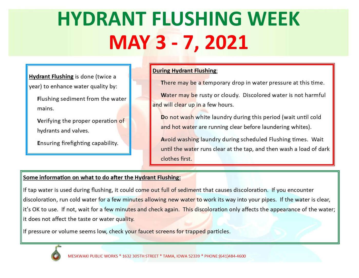 Flyer for Hydrant Flushing Week happening May 3rd through 7th 2021