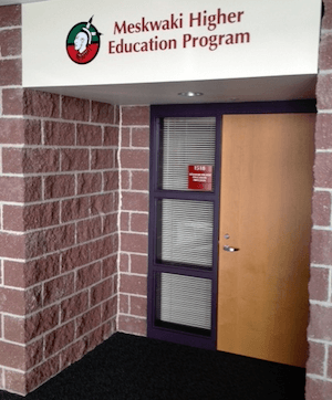 Door and sign for Meskwaki Higher Education Program inside the Settelement School