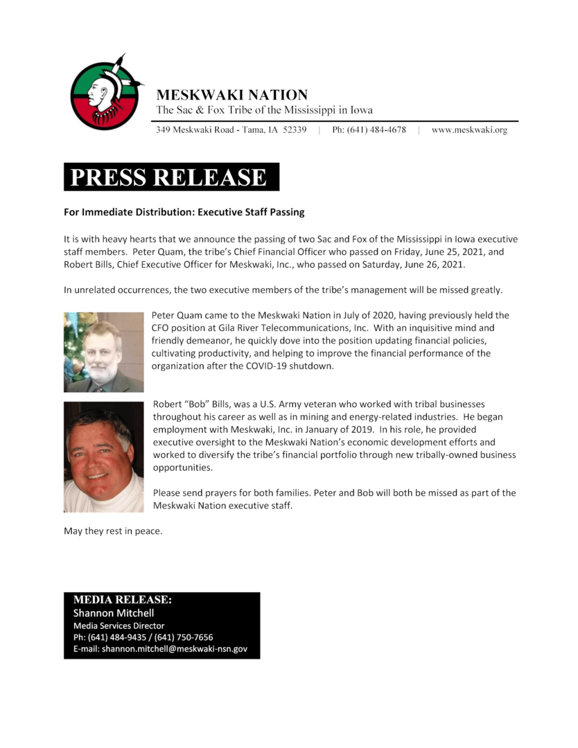 July 28, 2021 Press Release in notification of two executive member's passing