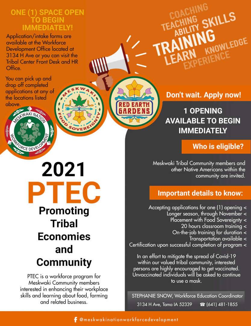 Flyer notifying that the Promoting Tribal Economies and Community program has one opening
