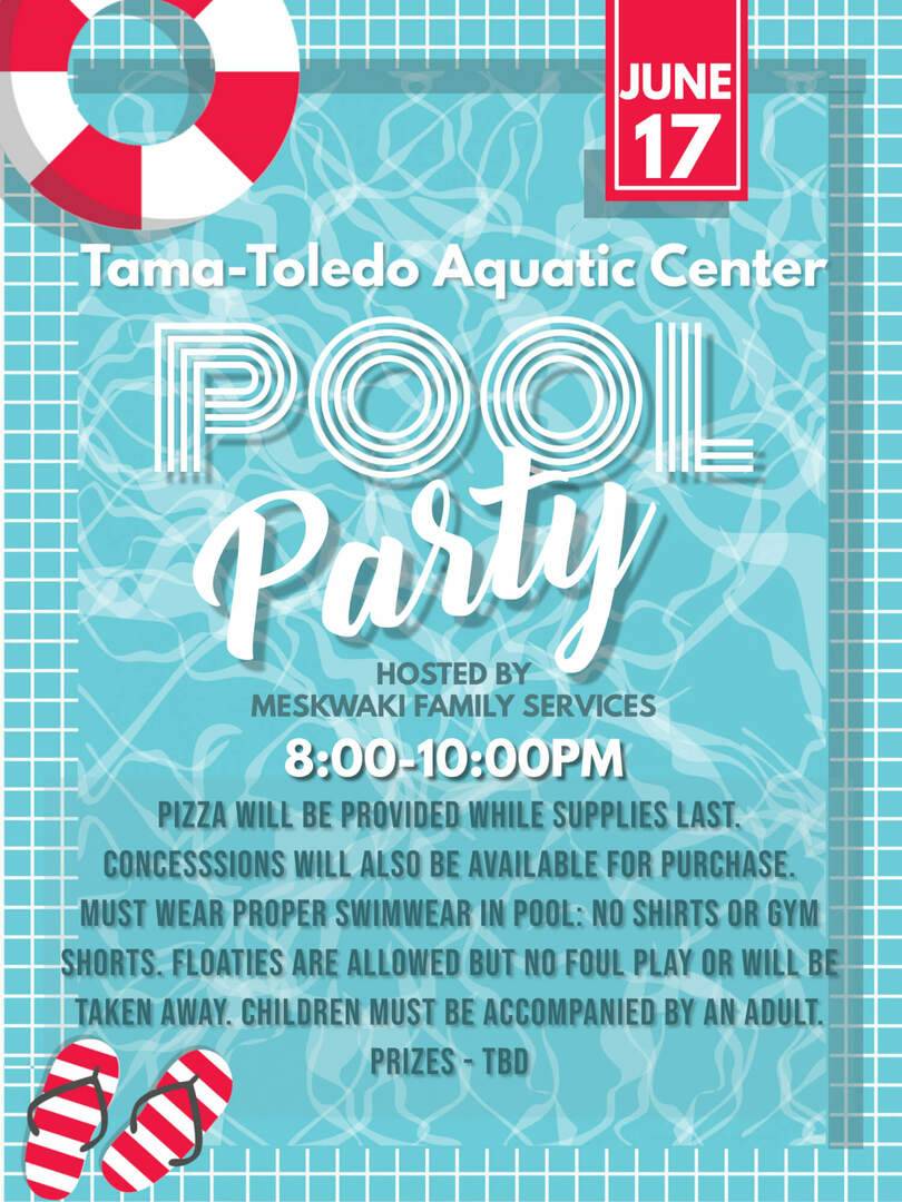 Flyer for the June 17 Pool Party at Tama-Toledo Aquatic Center