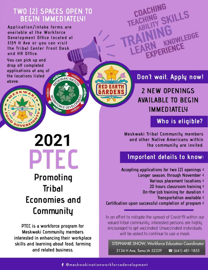 Flyer advertising that the Promoting Tribal Economies and Community 2021 program has 2 openings