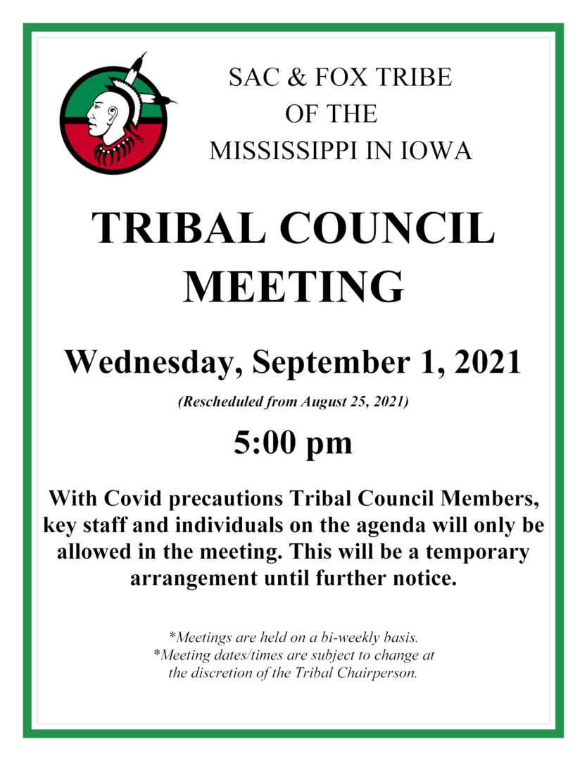 Flyer for September 1, 2021 Tribal Council Meeting
