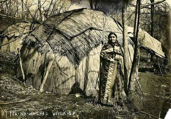 Vintage photo of a woman standing outside of a wikiup structure