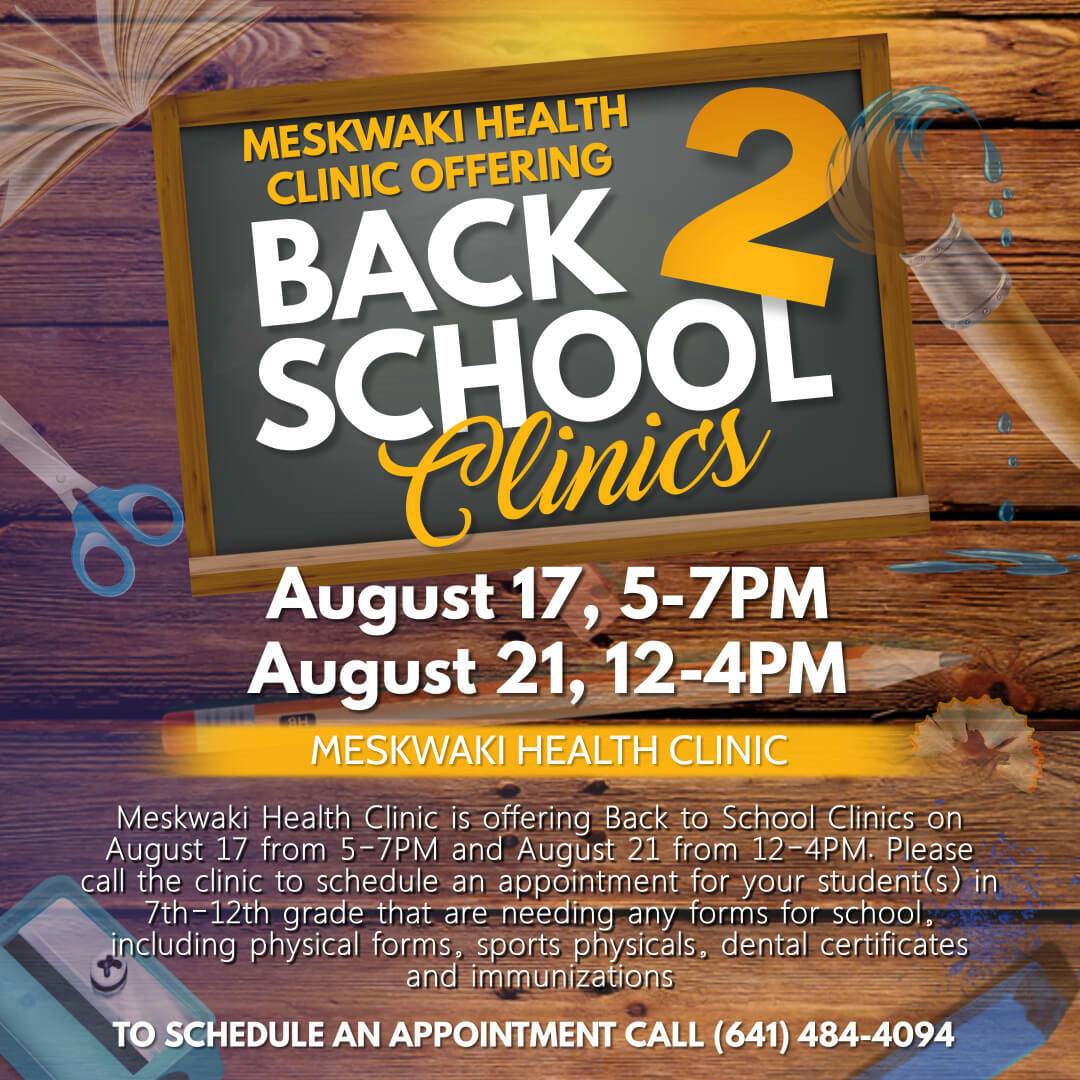 Meskwaki Health Back to School Clinics Flyer