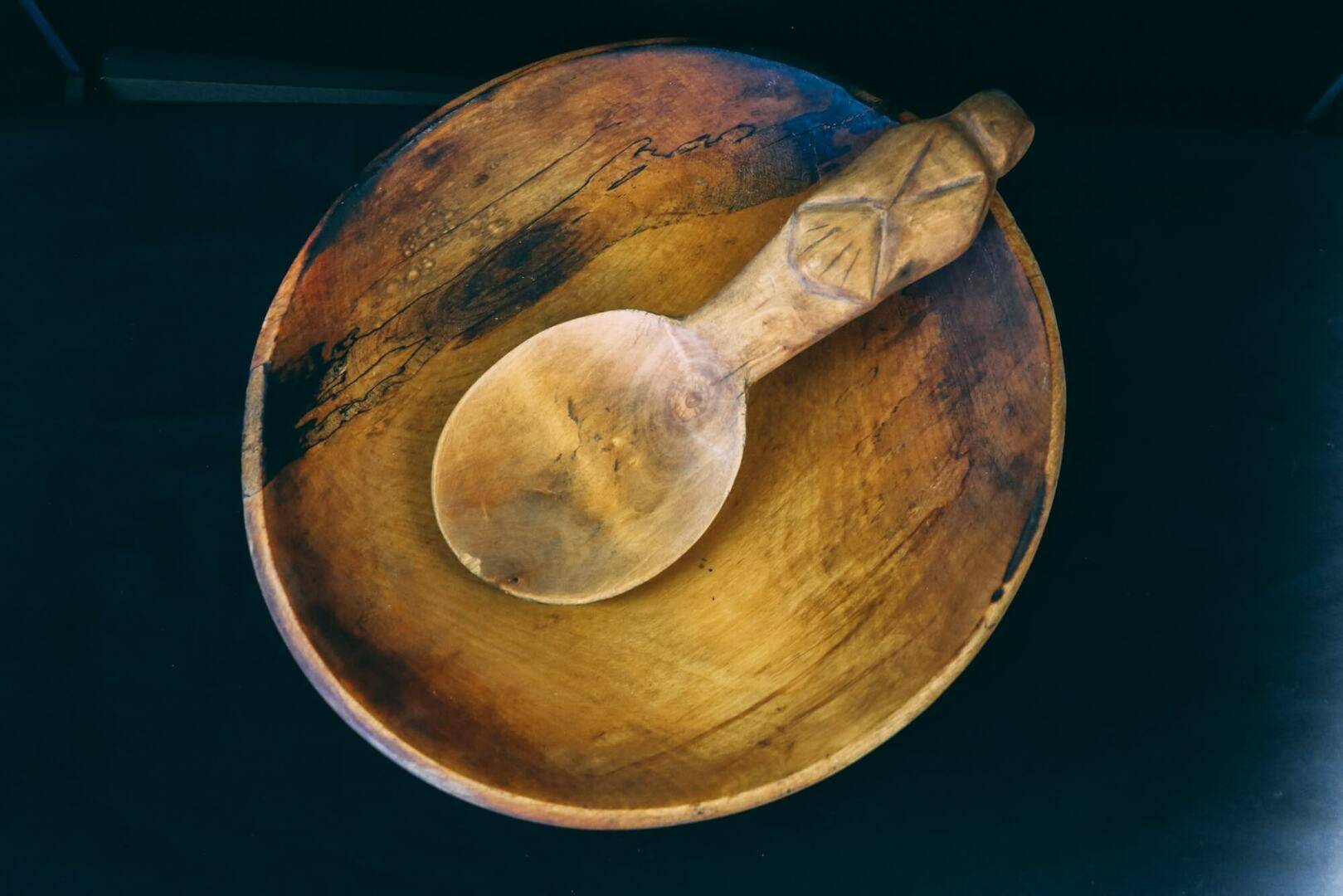 Handcarved Wooden Bowl & Spoon with Patterned Handle