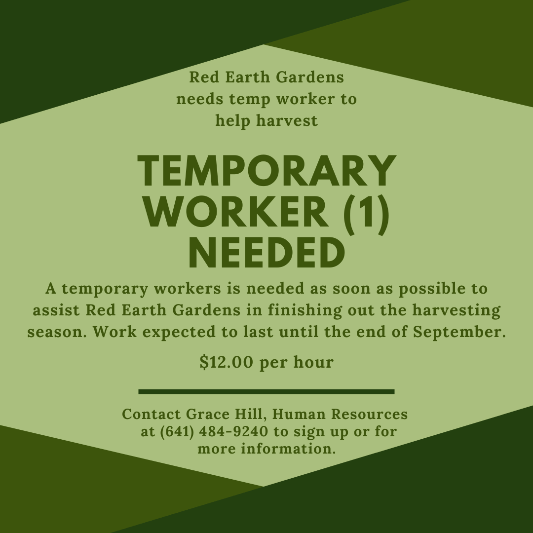 Temporary Workers needed at Red Earth Gardens