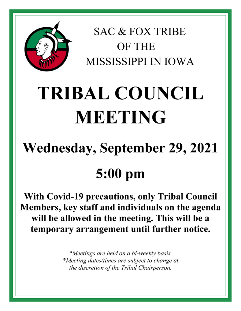 September 29, 2021 Tribal Council Meeting Notice