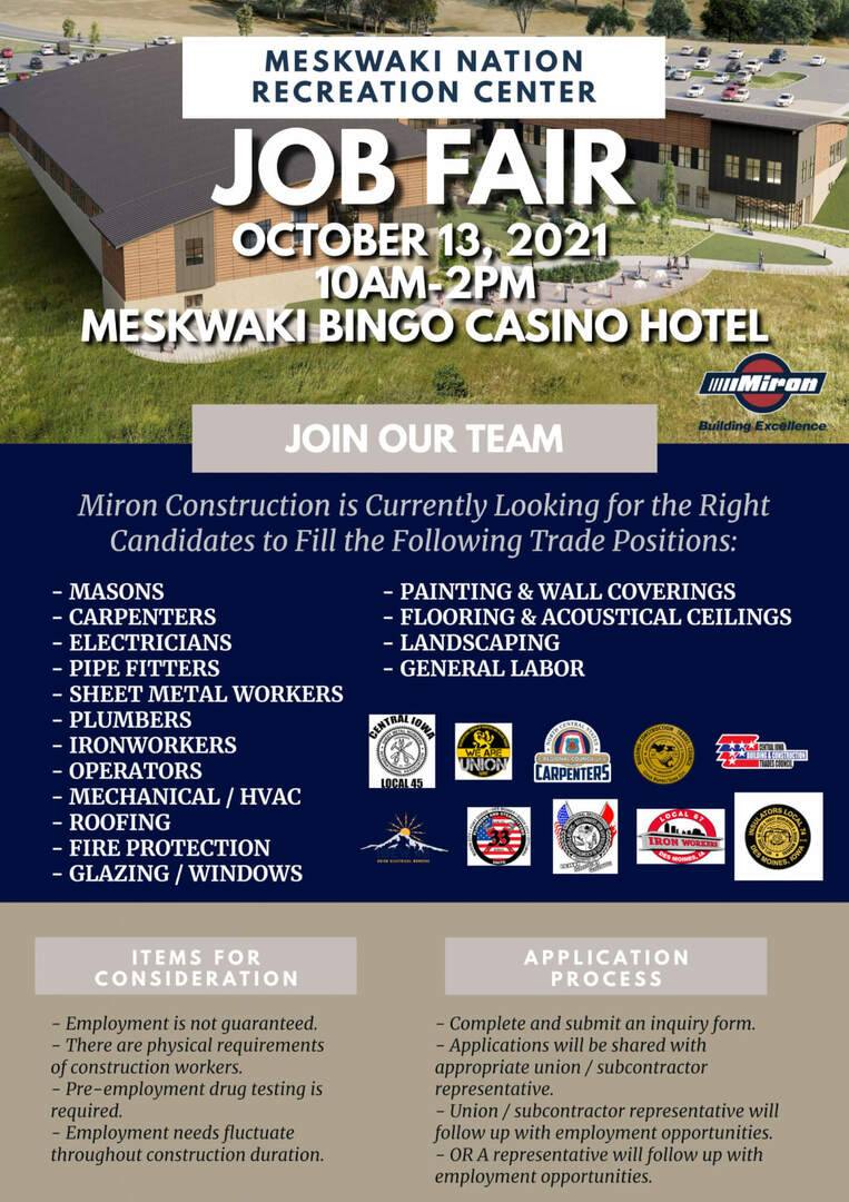Meskwaki Nation Recreation Center Job Fair, October 13