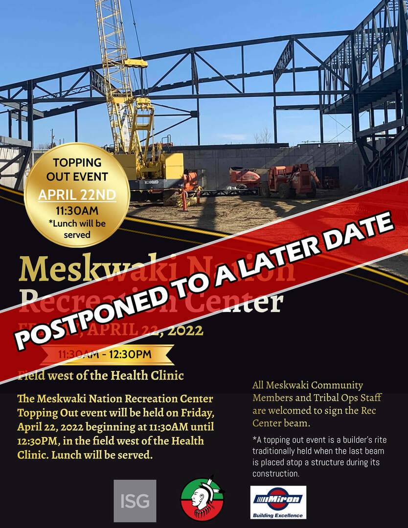 Due to anticipated weather, this Friday's Topping Out event has been postponed to a date to be determined later.