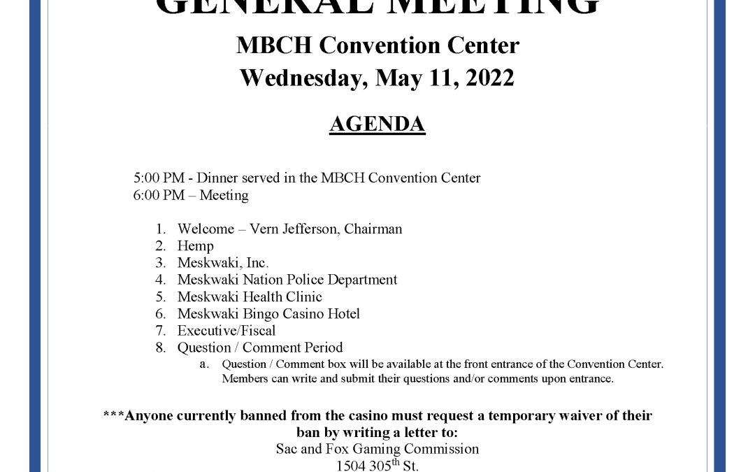 Tribal Council General Meeting to be held May 11, 2022