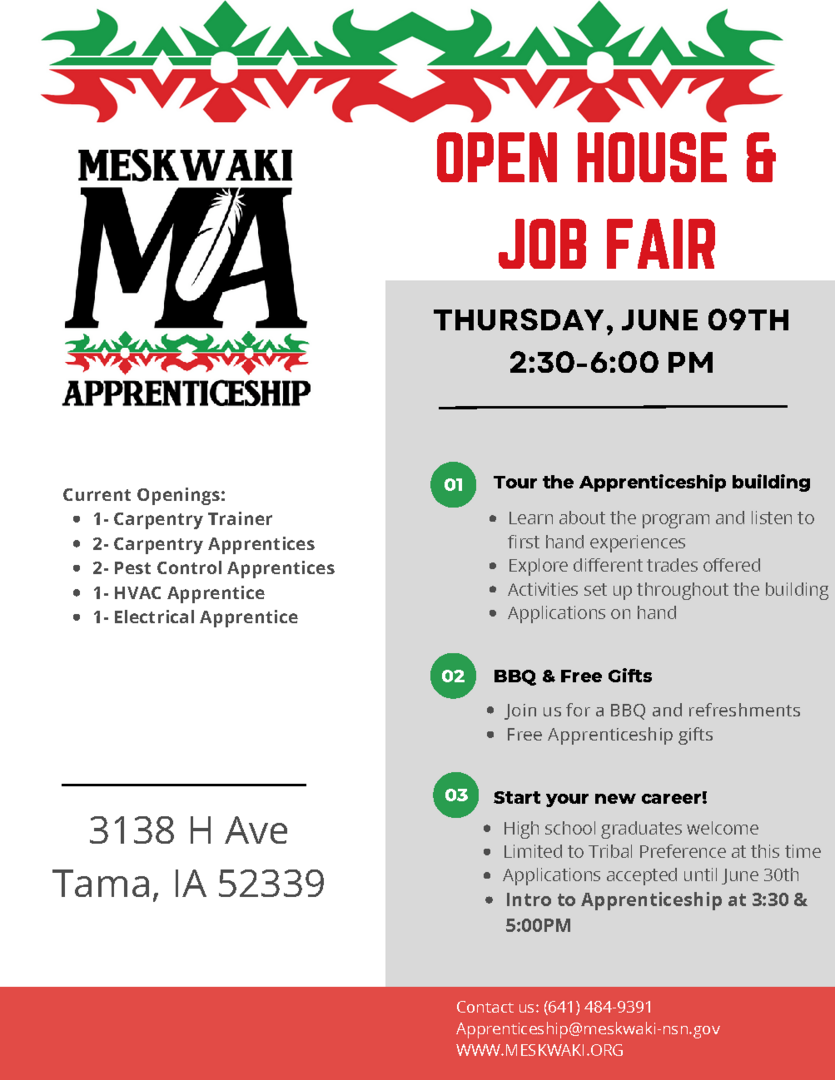 Meskwaki Apprenticeship to host Open House and Job Fair on June 9, 2022