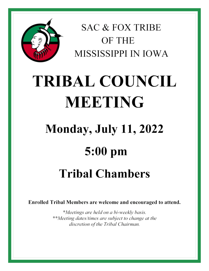 Tribal Council Meeting to be held July 11, 2022