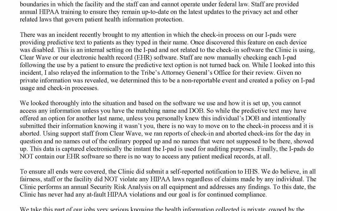Meskwaki Health Clinic Patient Privacy Policy