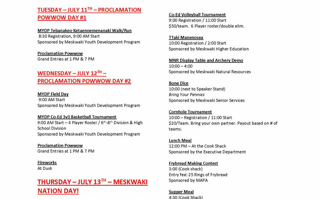 Schedule of Events for Proclamation Powwow Days and Meskwaki Nation Day