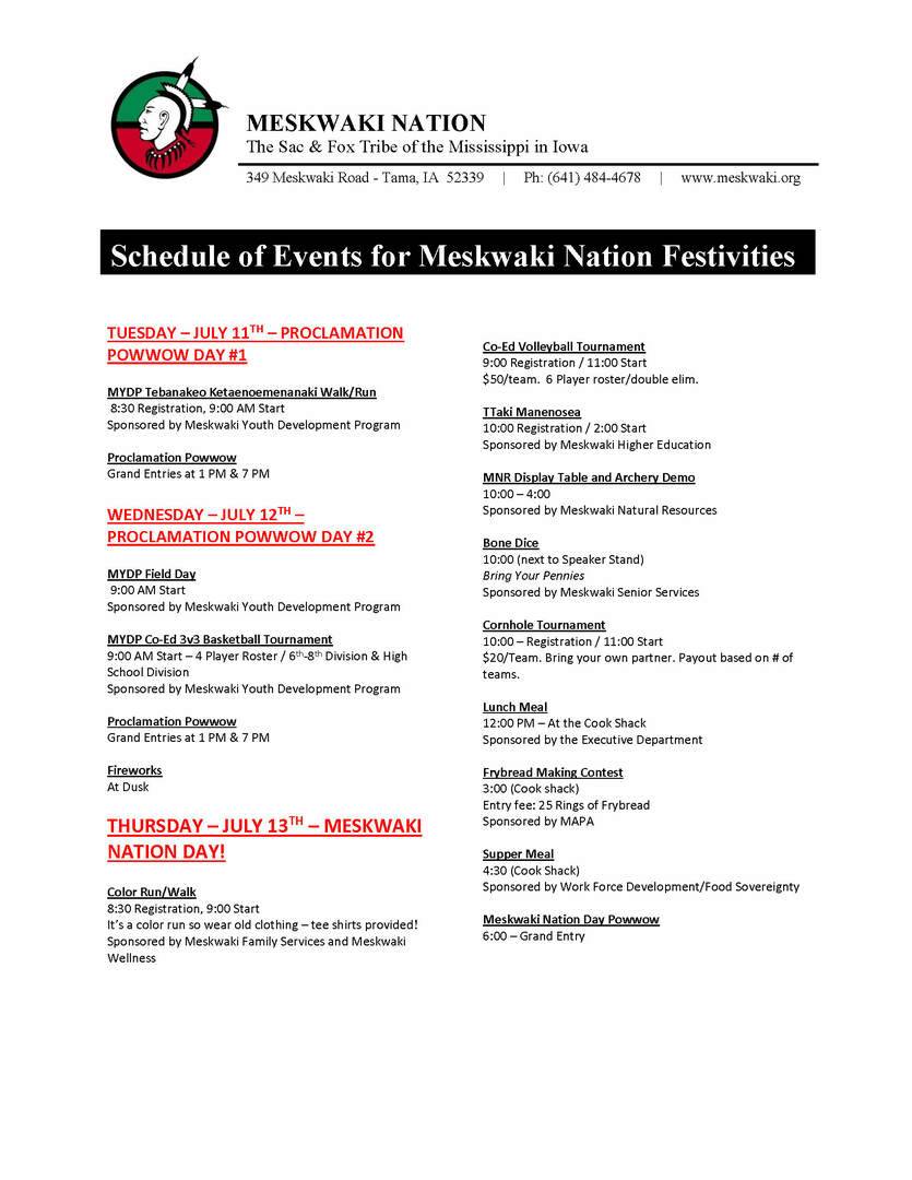 Schedule of Events for Proclamation Powwow Days and Meskwaki Nation Day