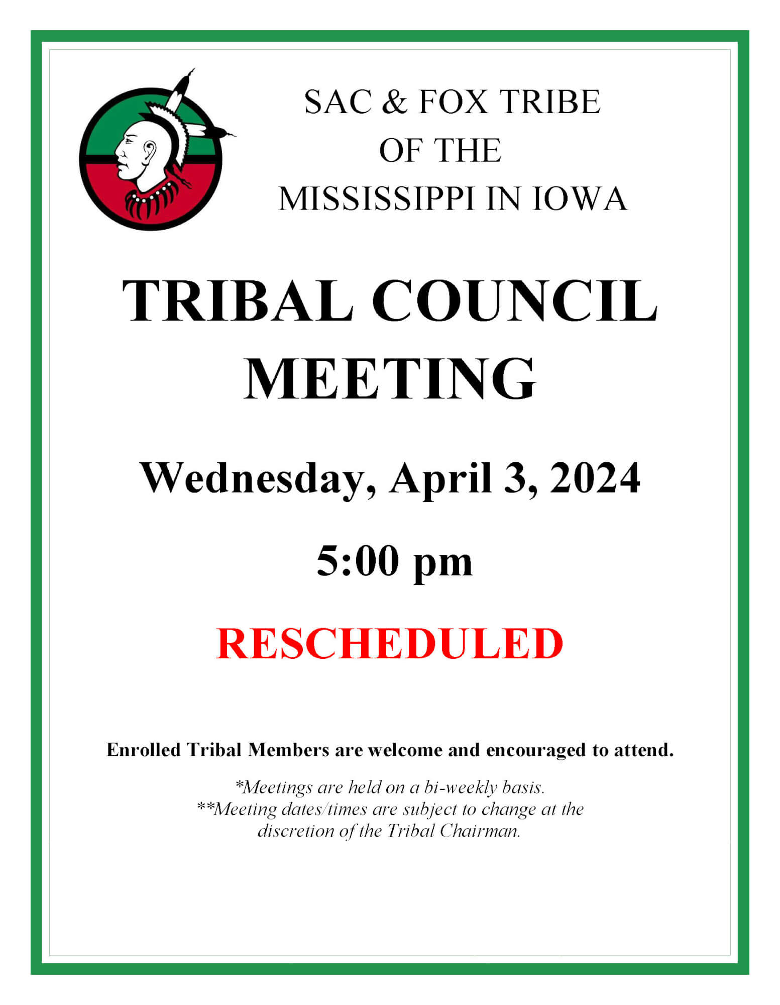 Tribal Council Meeting Rescheduled to April 3