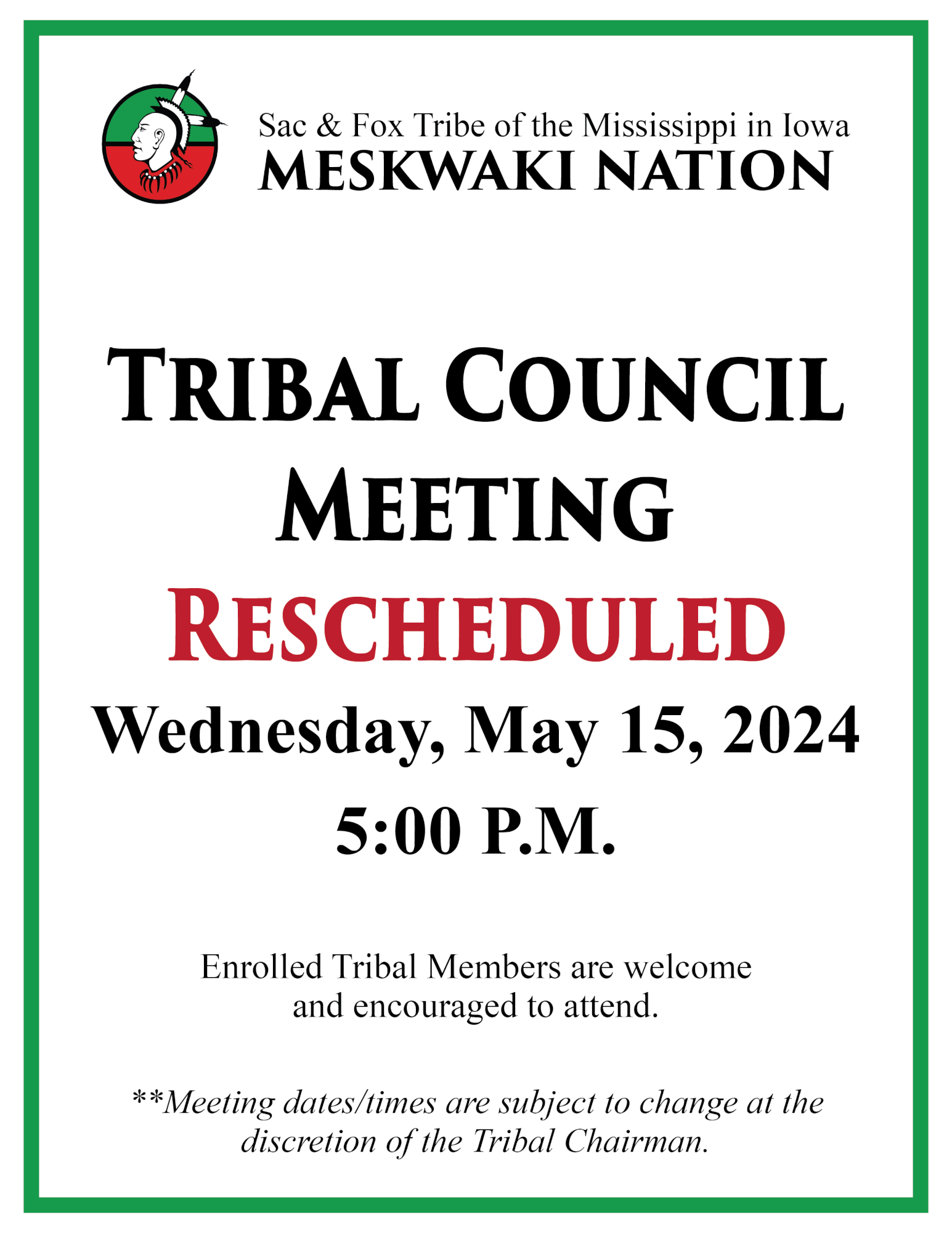 Tribal Council Meeting Postponed