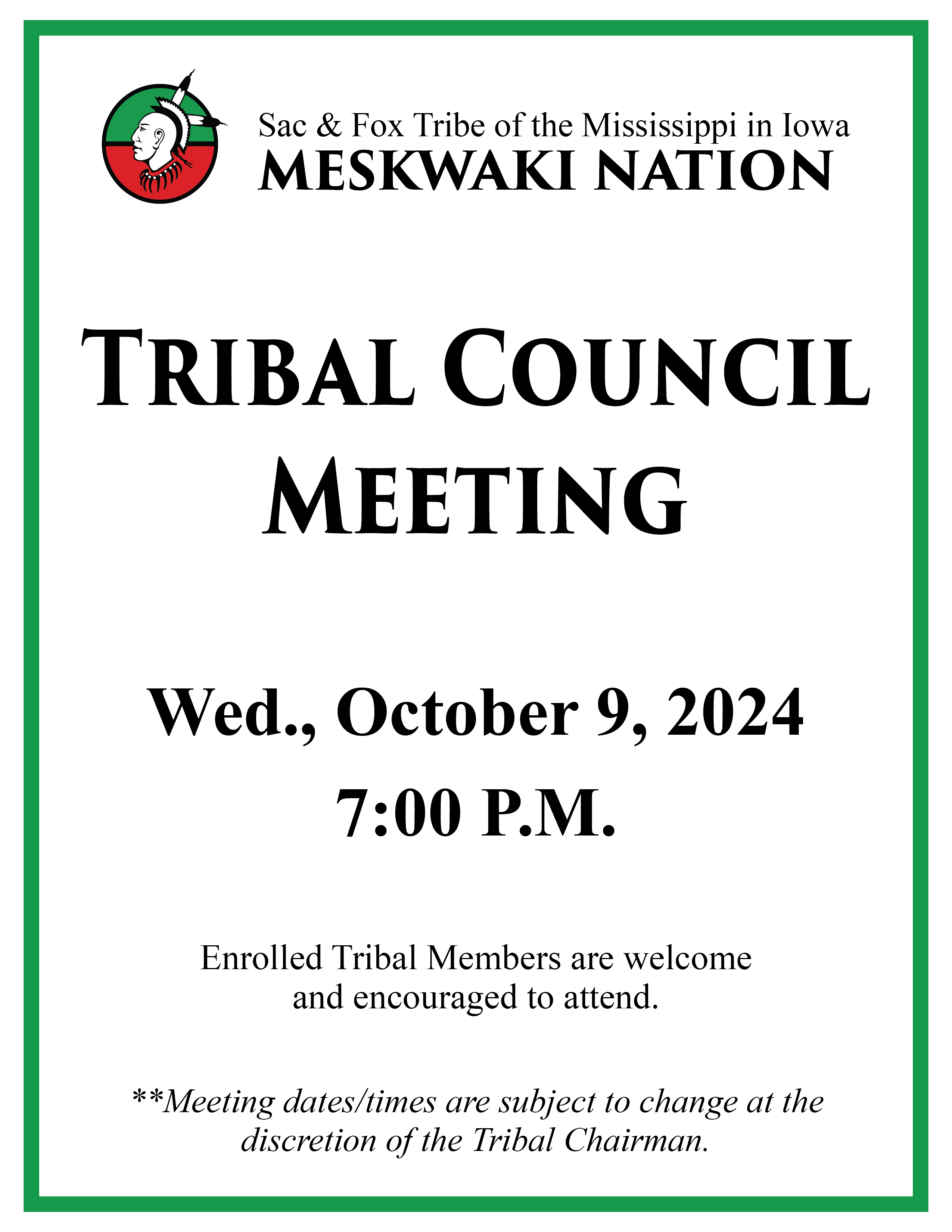 Tribal Council Meeting to be held October 9, 2024