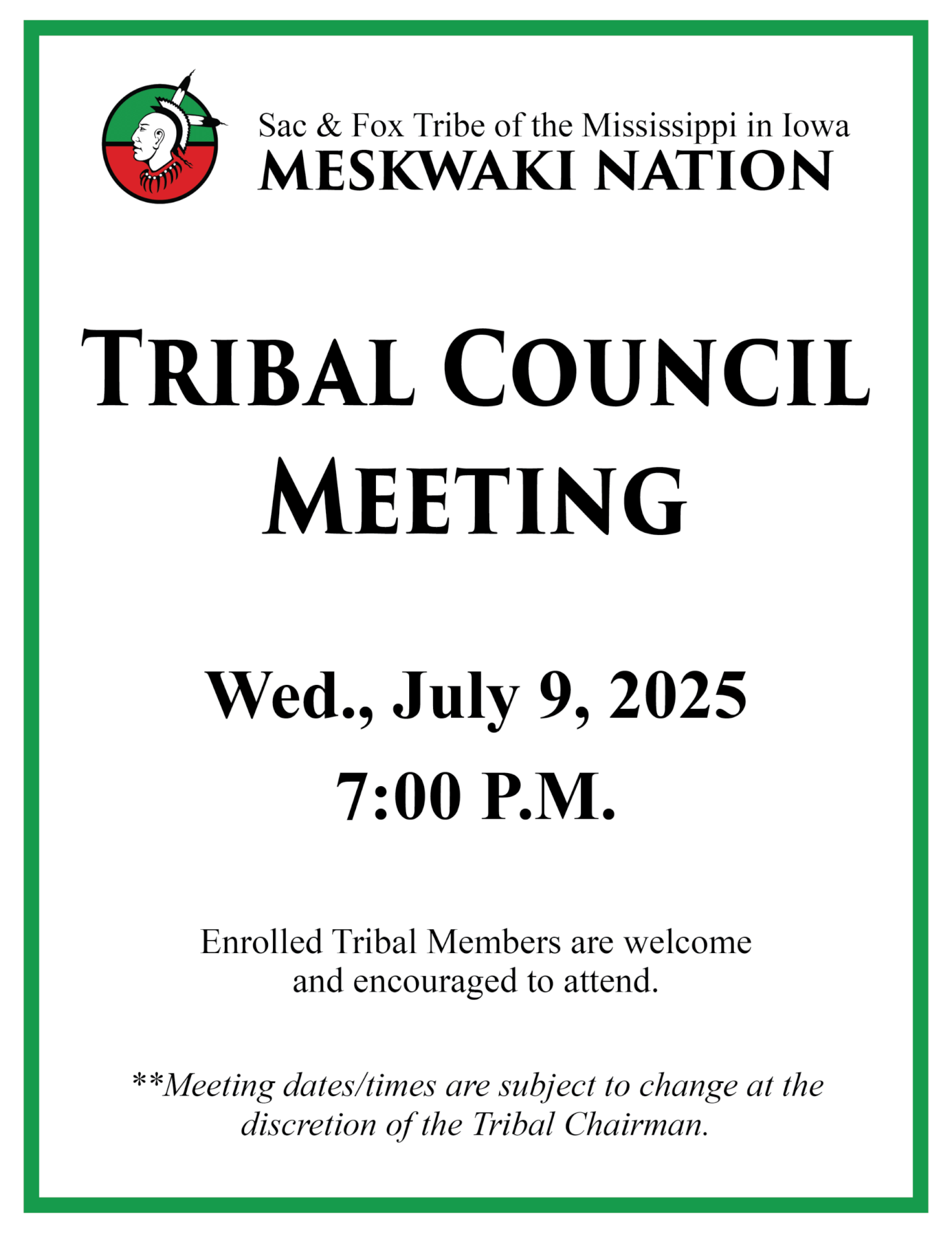 Tribal Council Meeting to be held July 9