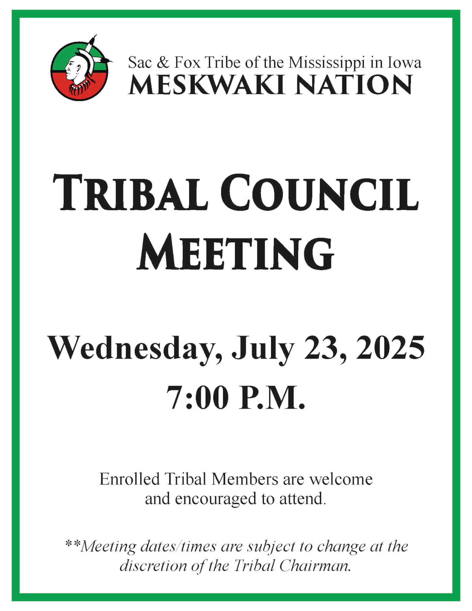 Tribal Council Meeting Rescheduled