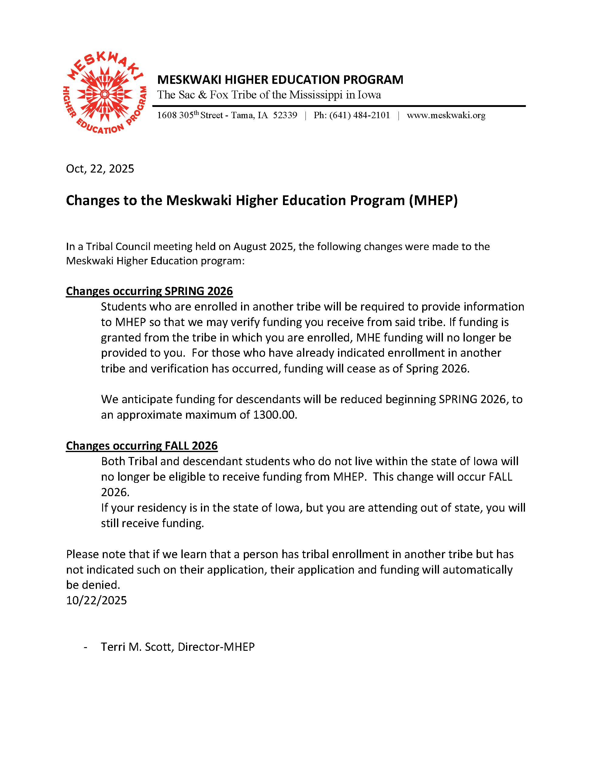 Higher Education Program Changes