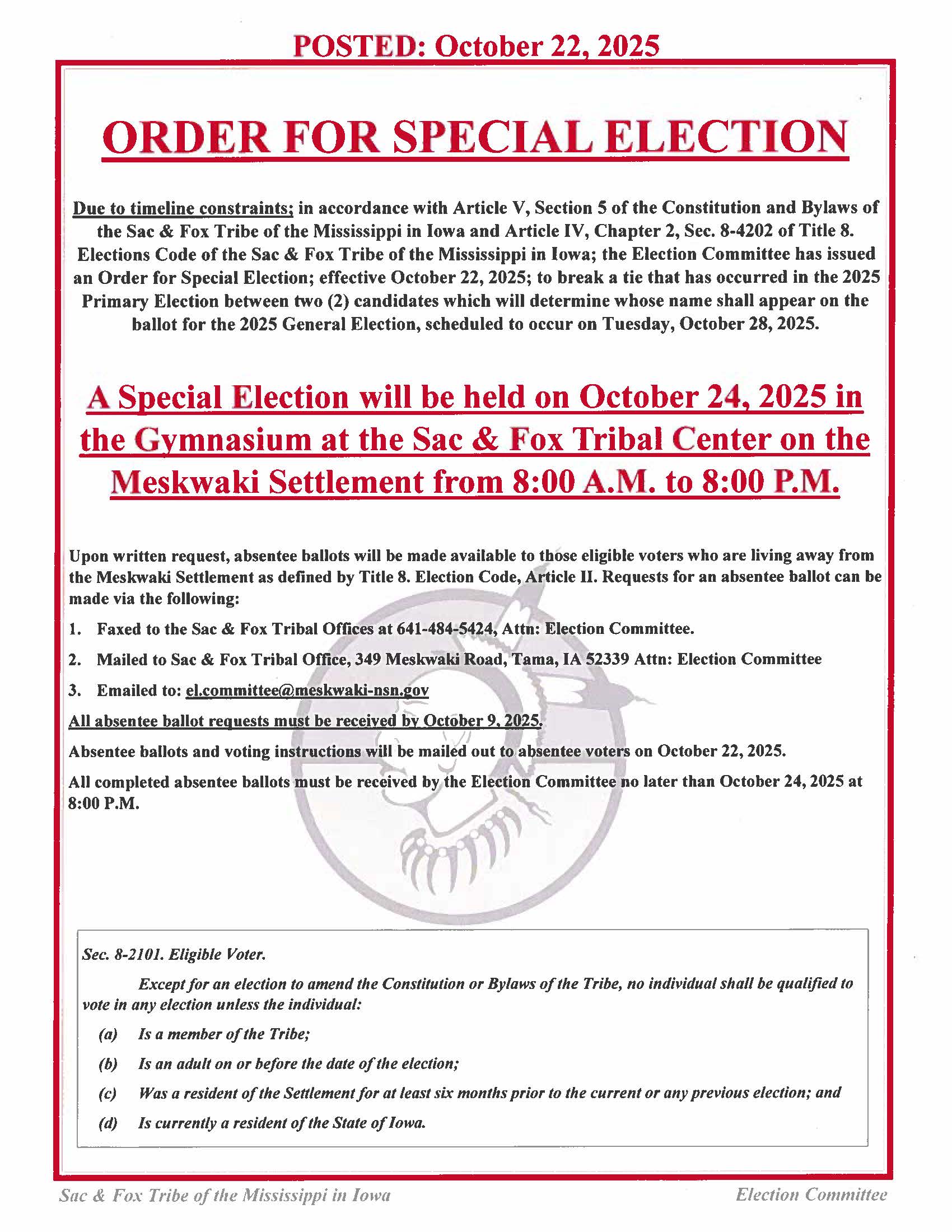 Order for Special Election