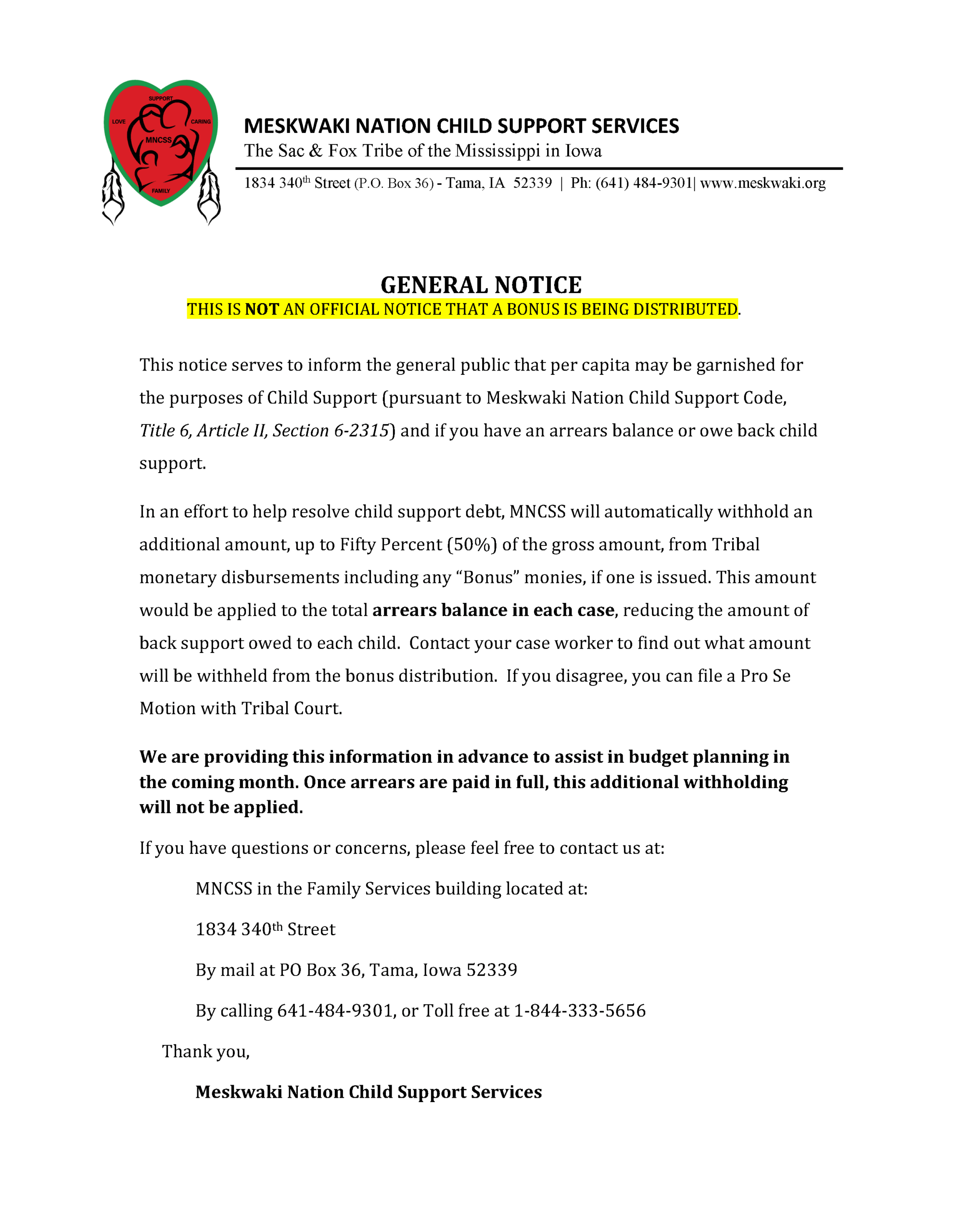 Child Support Services – GENERAL NOTICE
