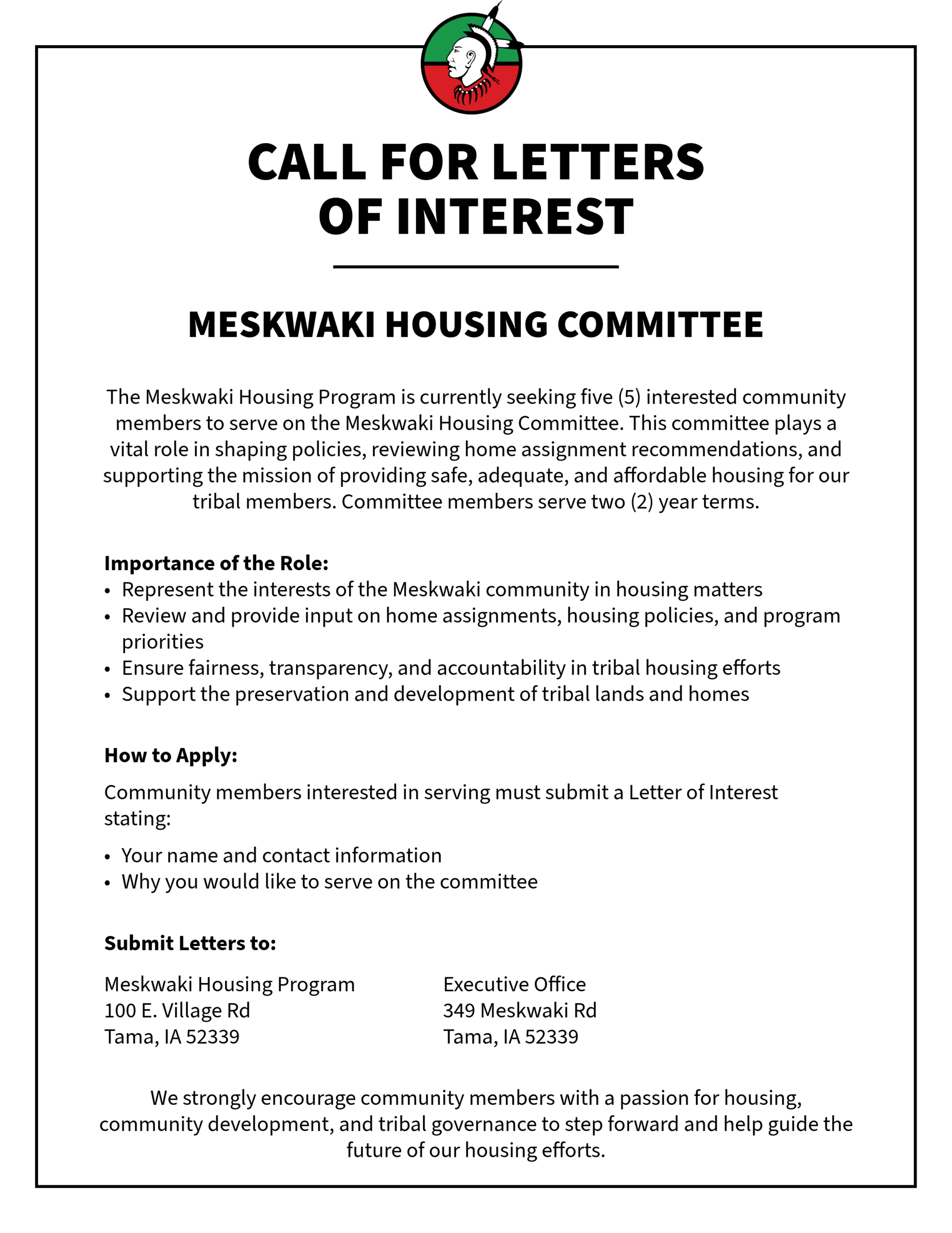 Call for Letters of Interest for the Meskwaki Housing Committee