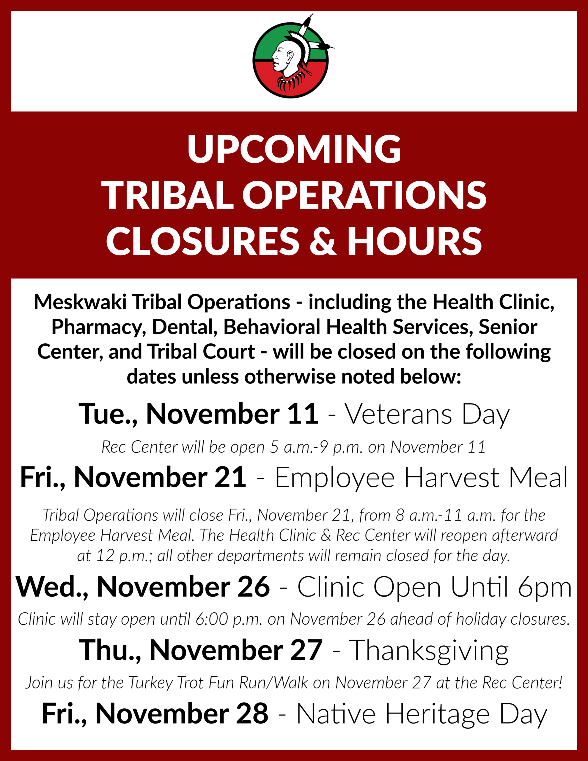 Upcoming Tribal Operations Closures & Hours
