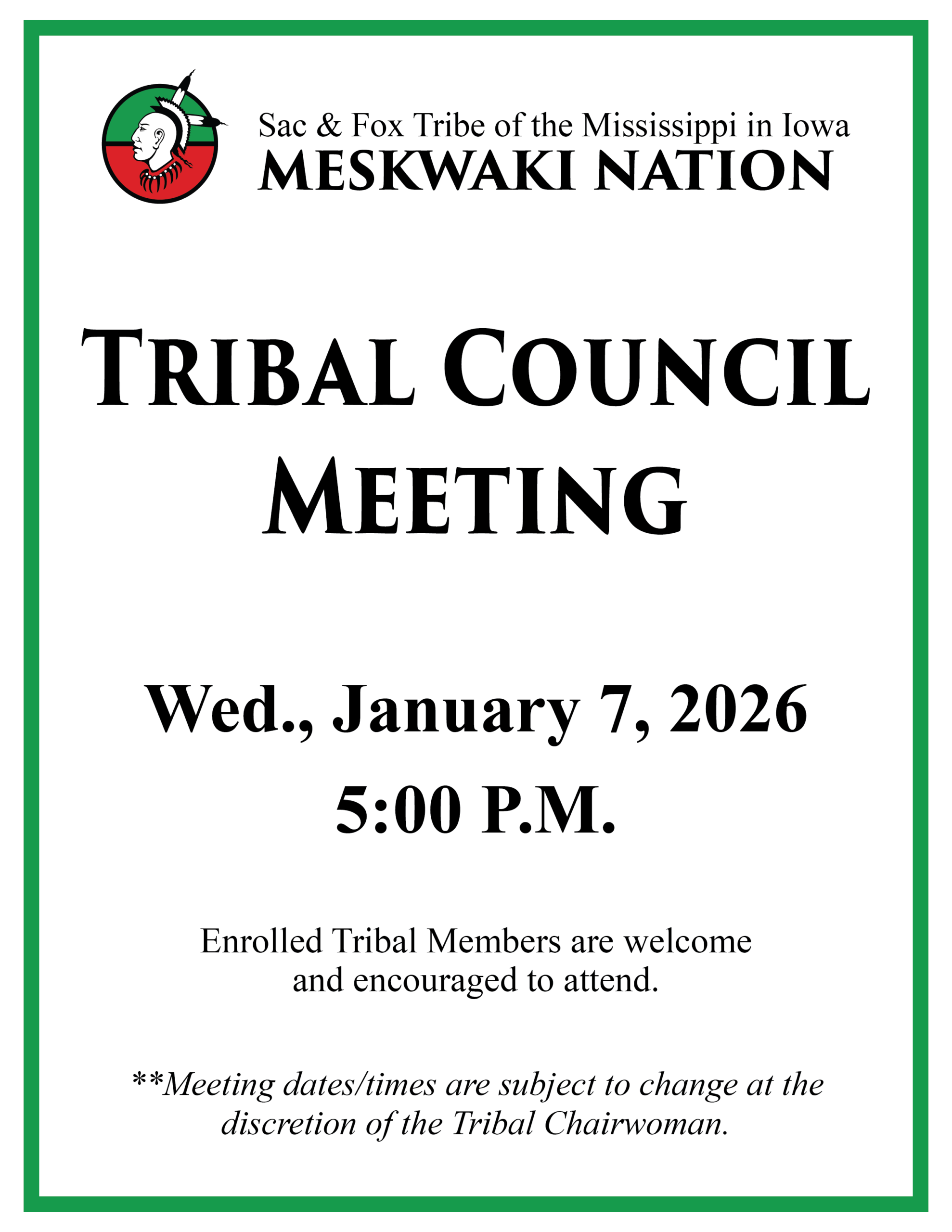 Tribal Council Meeting to be held January 7
